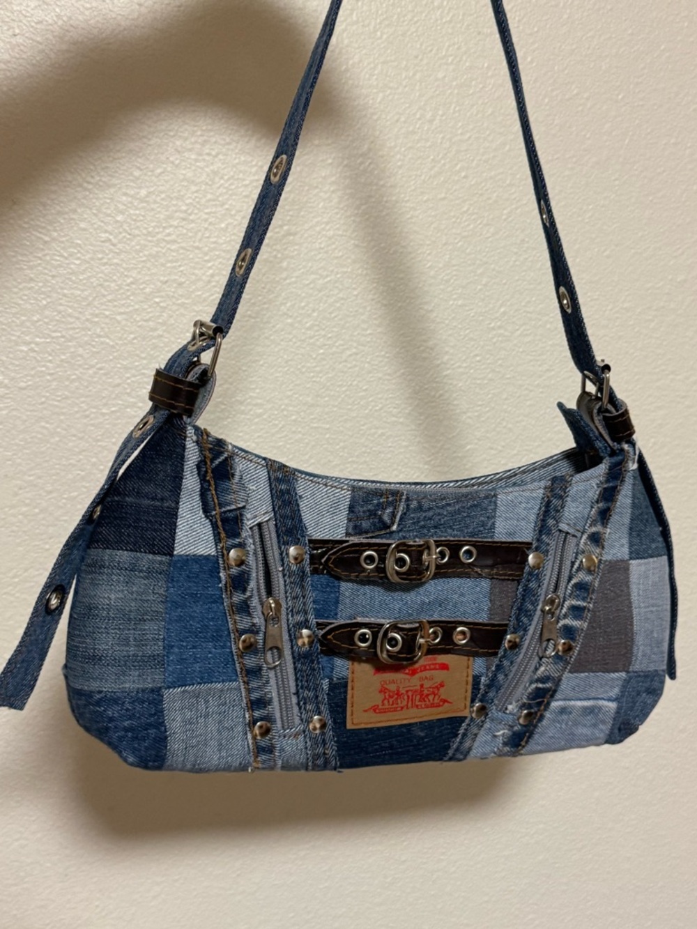 Denim Patchwork Shoulder Bag with Buckle Accents